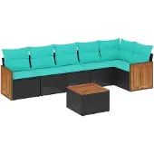 vidaXL 7-teiliges Gartensofa-Set mit Kissen, schwarzes Polyrattan