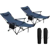 Woltu Campingstuhl 2er Set - Zusammenklappbare Liege mit Fußstütze und Becherhalter - 160 x 88,5 x 84 cm - Blau