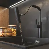 Faizee Home Moderne Schwarze Küchenarmatur, ausziehbarer und schwenkbarer Auslauf, 3 Sprüharten, Keramikkopf