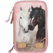 Miss Melody Dreifach Federtasche mit Pferde Motiv, Rosa Rahmen, Schulmäppchen für Kinder