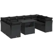 vidaXL 10-tlg. Garten-Sofagarnitur mit Kissen Schwarz Poly Rattan