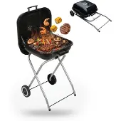 Relaxdays mobiler Holzkohlegrill mit Deckel & Rollen, faltbarer Campinggrill, Balkon, Garten & Park, Standgrill, schwarz