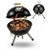 Relaxdays Mini Kugelgrill, tragbar, Ø 30 cm, Picknickgrill für Balkon & Camping, Holzkohlegrill mit Holzgriff, schwarz
