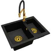 Brado Granit-Küchenspüle YOGI 1,5 Becken mit Küchenarmatur Gold und Siphon Gold
