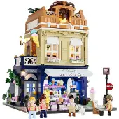 Funwhole Klemmbaustein-Set Eisdiele, vollständig aufklappbar, mit 4 Minifiguren und Beleuchtung