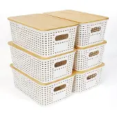 Famanu Aufbewahrungsboxen Set aus 6 Kunststoffbehältern mit Bambusdeckel – Stapelbare Küchenorganizer – Weiß