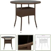 The Living Store Gartentisch Ø80x75 cm Hartglas und Poly Rattan Braun