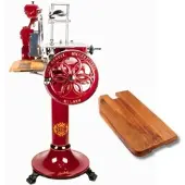 Berkel Volano B114 Schwungradmaschine in rot – Wunderschöne Aufschnittmaschine mit Standfuß + Fassholzbrett Unikat