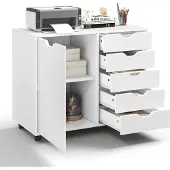 Costway 5-Schubladenkommode mit Tür, Mobiler Schubladenschrank mit verstellbarem Regal, Rollender seitlicher Aktenschrank Druckerständer Weiß