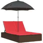 vidaXL Doppel-Sonnenliege mit Kissen & Sonnenschirm Braun Poly Rattan
