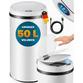 Monzana Mülleimer Küche mit Sensor Leise 50L Edelstahl USB Ladekabel Deckel Berührungslos Abfalleimer Automatik Hygienisch Papierkorb Wasserdicht Büro Weiß Recycling