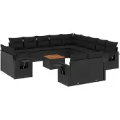 vidaXL 14-tlg. Garten-Sofagarnitur mit Kissen Schwarz Poly Rattan