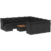 vidaXL 13-tlg. Garten-Sofagarnitur mit Kissen Schwarz Poly Rattan