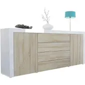 Vladon SIDEBOARD La Paz Eiche sägerau / Weiß Hochglanz