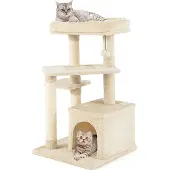 Costway Kratzbaum 85cm, Katzenbaum mit Katzenhöhle, weicher Sitzfläche, Ball & Sisalpfosten, Katzen Katzenmöbel Kletterbaum Holz Beige