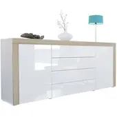 Vladon SIDEBOARD La Paz Weiß Hochglanz / Eiche sägerau