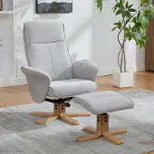 SUCCESS COURIER Relaxsessel mit Hocker, Chenille, drehbar, Massivholz-Sockel, verstellbare Rückenlehne, Grau