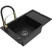 Mexen Elias 1 Becken-Granitspüle mit Abtropffläche und Mischbatterie Aster, Schwarz - 6511-77-73450-57-B