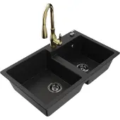 Mexen Tomas 2-Becken-Granitspüle mit Mischbatterie Savita, Schwarz - 6516-77-672601-50-B
