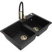 Mexen Tomas 2-Becken-Granitspüle mit Mischbatterie Aster, Schwarz - 6516-77-73450-57-G