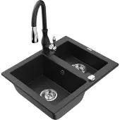 Mexen Carlos 1,5-Becken-Granitspüle mit Mischbatterie Savita, Schwarz/Silbermetallic - 6518-73-672601-70