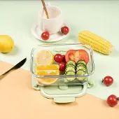 MaxPower 2er-Set Bento-Boxen aus Glas, grüner Deckel, 1040 ml, lang