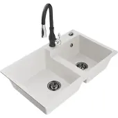 Mexen Tomas 2-Becken-Granitspüle mit Mischbatterie Savita, Weiß - 6516-20-672601-70