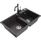 Mexen Tomas 2-Becken-Granitspüle mit Mischbatterie Carla, Schwarz gesprenkelt - 6516-76-670700-76