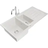 Mexen Andres 1,5-Becken-Granitspüle mit Abtropffläche und Mischbatterie Carla, Weiß - 6515-20-670700-00