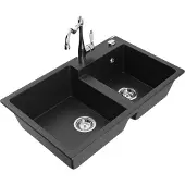 Mexen Tomas 2-Becken-Granitspüle mit Mischbatterie Carla, Schwarz/Silbermetallic - 6516-73-670700-00