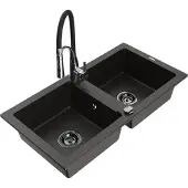 Mexen Mario 2-Becken-Granitspüle mit Mischbatterie Aster, Schwarz/Gold metallisch - 6504-75-73450-07-B