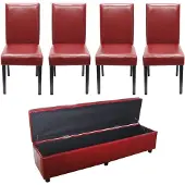 Mendler Garnitur Sitzgruppe Bank mit Aufbewahrung Kriens XXL+4 Stühle Littau, Kunstleder/Leder MVG- rot