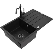 Mexen Bruno 1 Becken-Granitspüle mit Abtropffläche und Mischbatterie Carla, Schwarz - 6513-77-670700-70-B