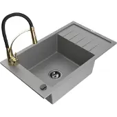 Mexen Elias 1 Becken-Granitspüle mit Abtropffläche und Mischbatterie Aster, Grau - 6511-71-73450-57-B