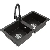 Mexen Mario 2-Becken-Granitspüle mit Mischbatterie Elia, Schwarz/Gold metallisch - 6504-75-670101-70