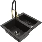 Mexen Carlos 1-Becken-Granit-Spüle mit Mischbatterie Aster, Schwarz/Gold metallisch - 6518-75-73450-57-B