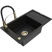 Mexen Elias 1 Becken-Granitspüle mit Abtropffläche und Mischbatterie Aster, Schwarz - 6511-77-73450-57-G