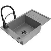 Mexen Elias 1 Becken-Granitspüle mit Abtropffläche und Mischbatterie Aster, Grau - 6511-71-73450-70-B