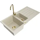 Mexen Andres 1,5-Becken-Granitspüle mit Abtropffläche und Mischbatterie Telma, Beige - 6515-69-670200-50