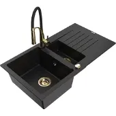 Mexen Matias 1,5-Becken-Granitspüle mit Abtropffläche und Mischbatterie Aster, Schwarz - 6502-77-73450-57-G