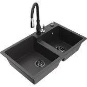 Mexen Tomas 2-Becken-Granitspüle mit Mischbatterie Savita, Schwarz gesprenkelt - 6516-76-672601-70-B