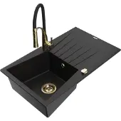 Mexen Cesar 1 Becken-Granitspüle mit Abtropffläche und Mischbatterie Aster, Schwarz - 6514-77-73450-57-G