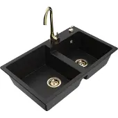 Mexen Tomas 2-Becken-Granitspüle mit Mischbatterie Telma, Schwarz - 6516-77-670200-50