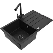 Mexen Bruno 1 Becken-Granitspüle mit Abtropffläche und Mischbatterie Duero, Schwarz - 6513-77-671600-70-B