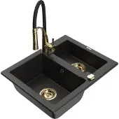 Mexen Carlos 1-Becken-Granit-Spüle mit Mischbatterie Aster, Schwarz/Gold metallisch - 6518-75-73450-57-G