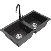 Mexen Mario 2-Becken-Granitspüle mit Mischbatterie Telma, Schwarz gesprenkelt - 6504-76-670200-70