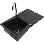 Mexen Cesar 1 Becken-Granitspüle mit Abtropffläche und Mischbatterie Telma, Schwarz - 6514-77-670200-50-B