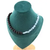 Bijoux Steine und Mineralien. Halskette mit Aigue-Marine-Perlen aus Brasilien + schwarze Achat 8 mm. Kette für Frauen, Männer. Personalisierte Größe.