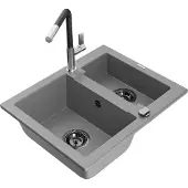 Mexen Carlos 1,5-Becken-Granitspüle mit Mischbatterie Flora, Grau - 6518-71-670401-07-B