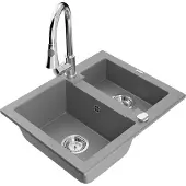 Mexen Carlos 1,5-Becken-Granitspüle mit Mischbatterie Elia, Grau - 6518-71-670101-00